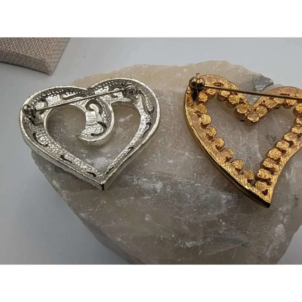 Vintage Heart Brooch Pin Lot Silver Tone AB Rhinestone Gold Tone Clear Crystal